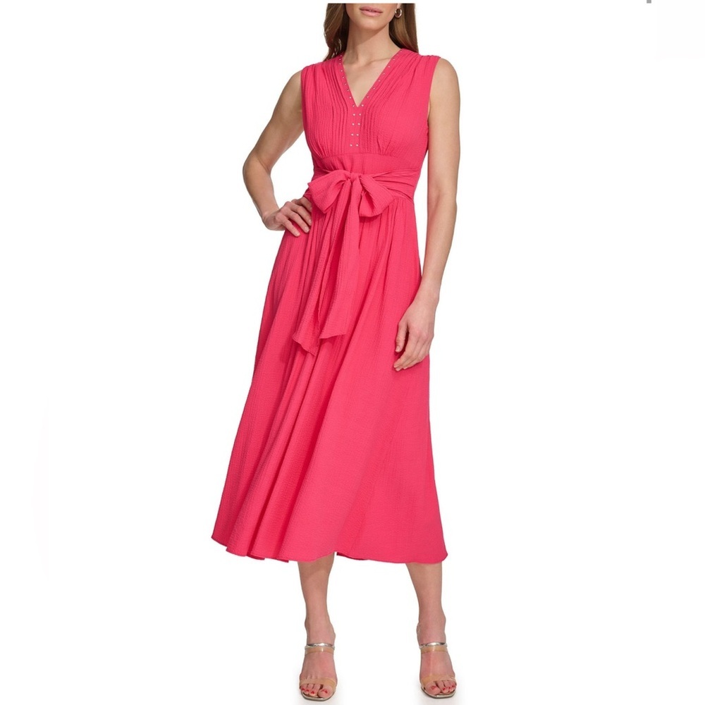 DKNY by Donna Karan Studded V-Neck
Sleeveless Tie Belt Midi Dress
